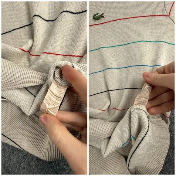 Lacoste Men Sweater Knit Croc Logo Striped Off White Casual Size 4 Medium Adult - Picture 14 of 16
